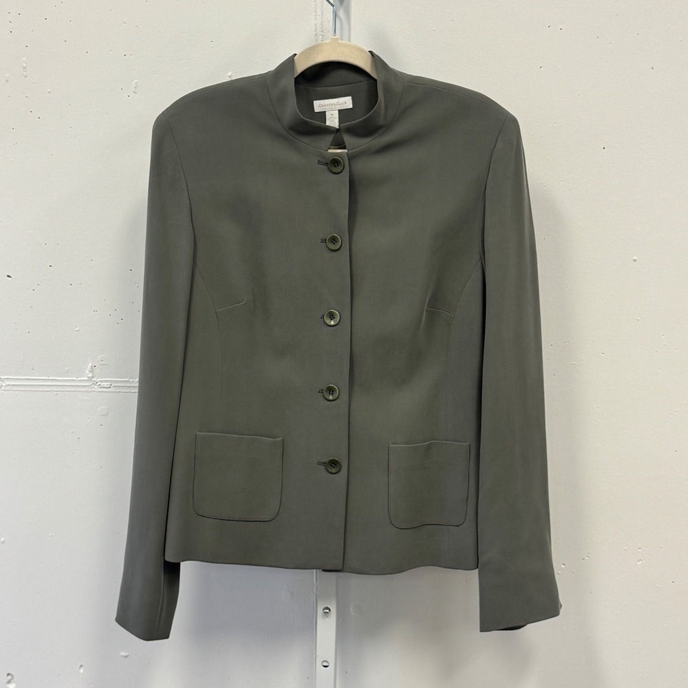 Charter Club Women's 100% Silk Mandarin Collar Blazer Jacket Gray Green Size 12‎